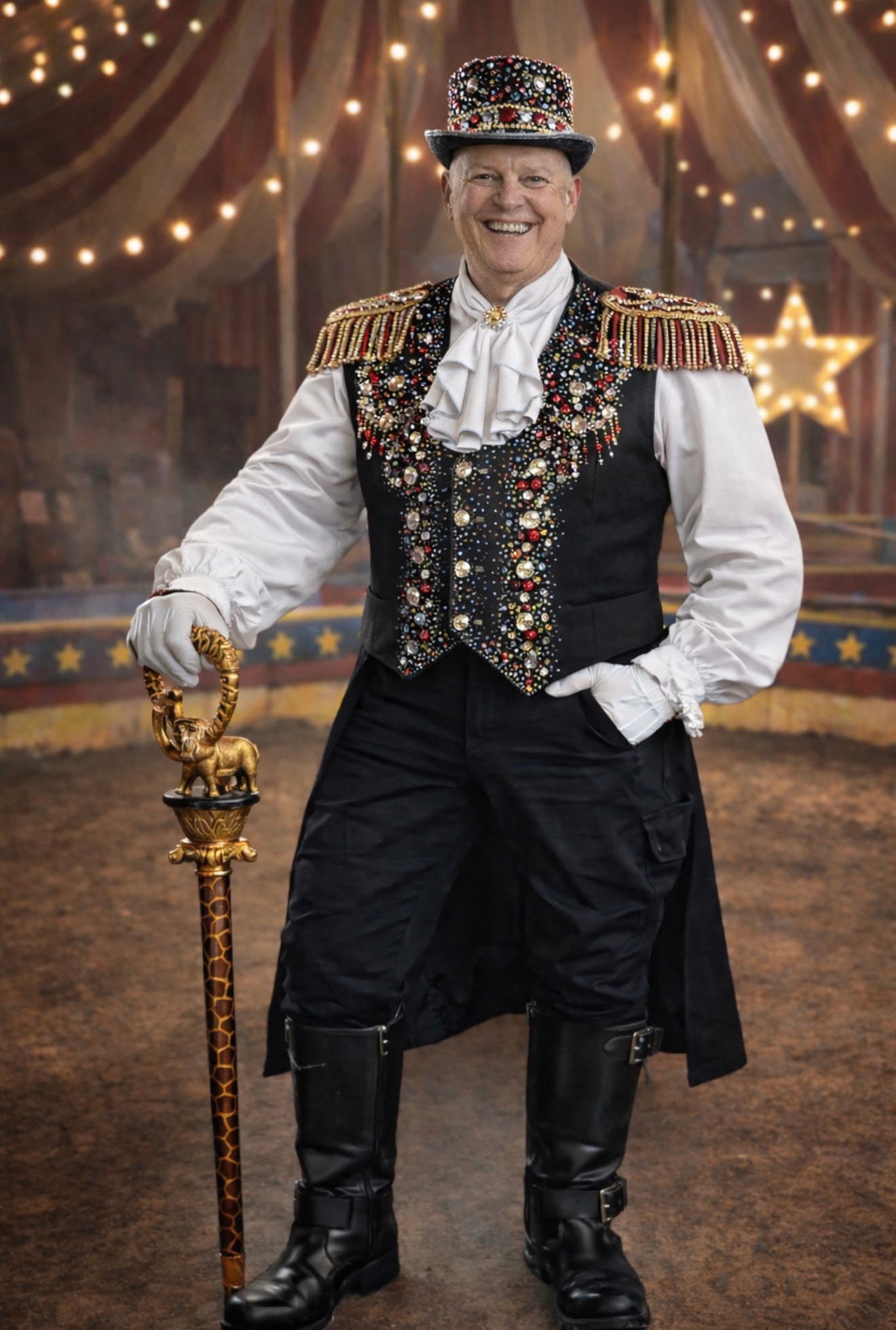 James in ornate jewelled ringmaster costume